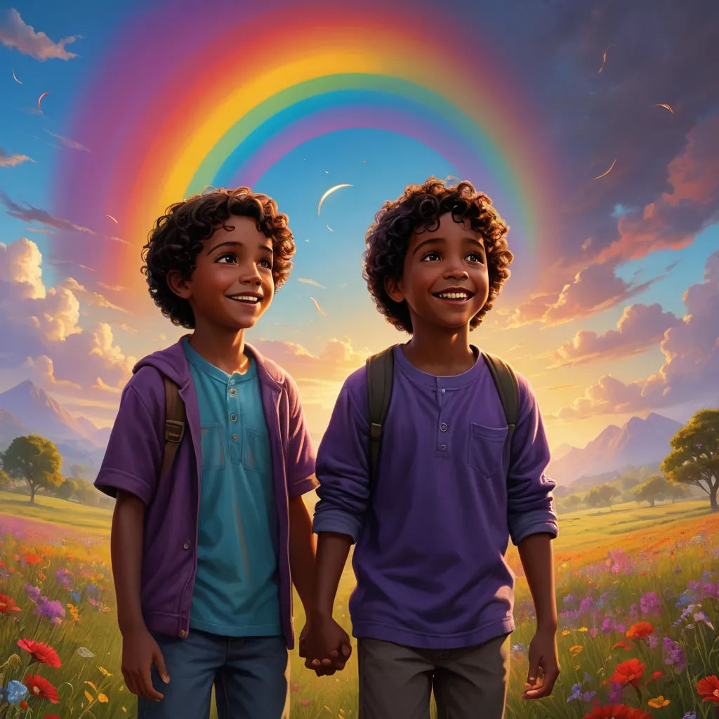 two children standing in a field with a rainbow in the background and a sky with clouds and a rainbow, american scene painting, poster art, Aaron Jasinski, key art