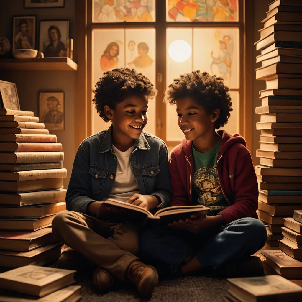 two children sitting on the floor reading a book together in front of a window with stained glass windows behind them, art & language, a storybook illustration, Chris LaBrooy, cinematic photography