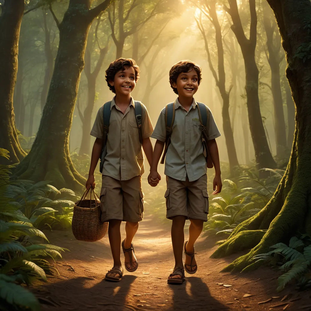 two boys walking in the woods holding hands and smiling at the camera with a basket in their hand and a basket in his other hand, magical realism, a detailed matte painting, Brad Kunkle, promotional image