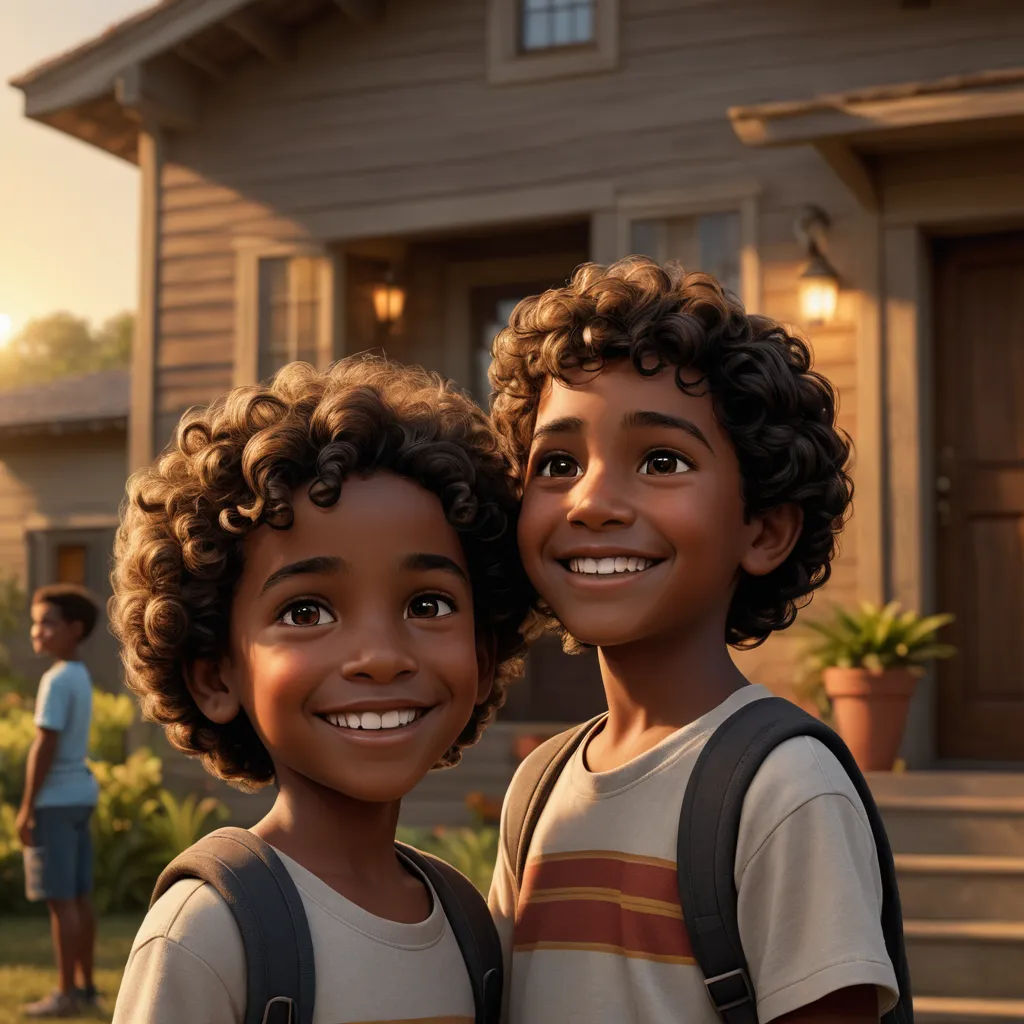 two children standing in front of a house with a house in the background and a person standing in front of the house, photorealism, poster art, Chris LaBrooy, pixar style
