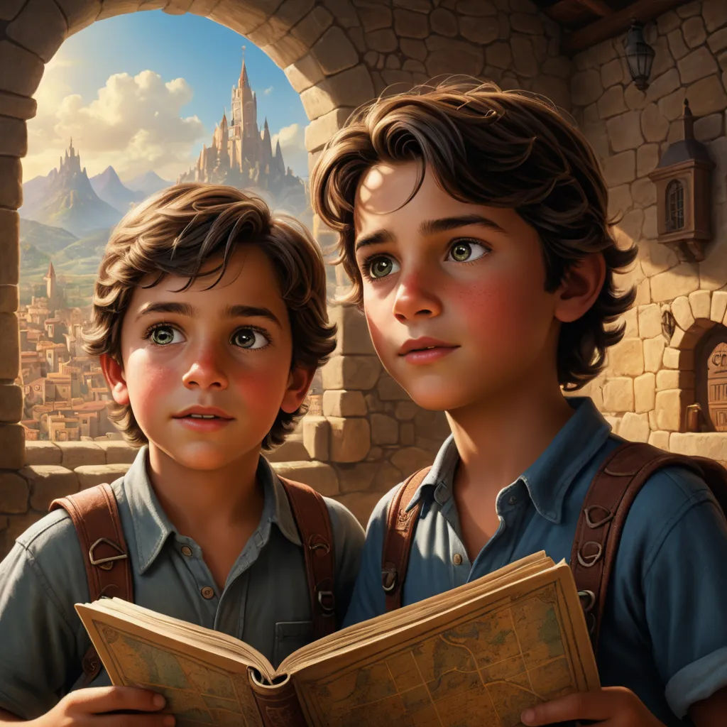 a boy and a boy are looking at a book together in front of a castle with a castle in the background, fantasy art, a detailed matte painting, Brothers Hildebrandt, rossdraws global illumination