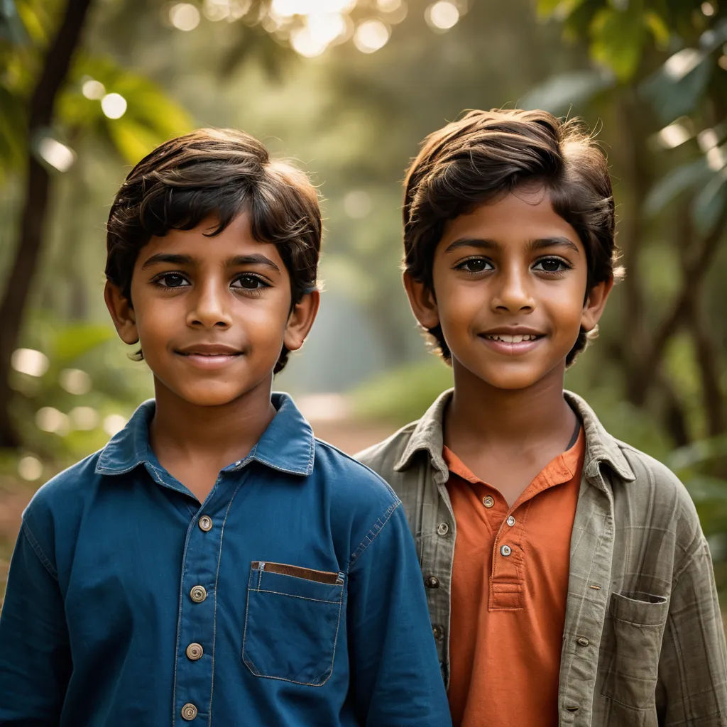 two young boys standing next to each other in a forest area with trees and bushes in the background and sunlight shining through the leaves, samikshavad, a stock photo, Daniel Lieske, 8 5 mm f 1. 8