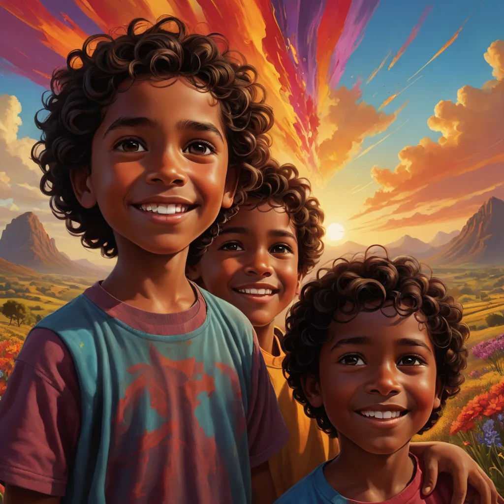 a painting of three children standing in a field with a sunset in the background and a mountain in the background, afrofuturism, a detailed painting, Aaron Jasinski, key art
