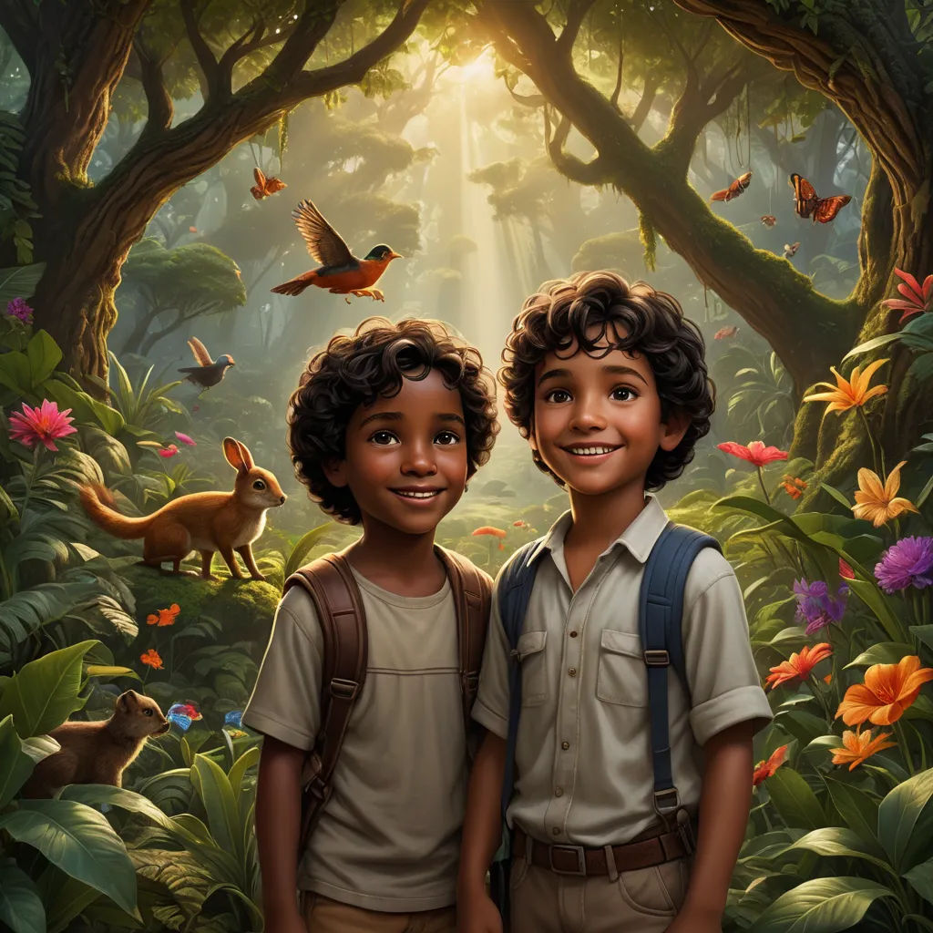 two children standing in a forest with a bird flying overhead and a deer in the background with a forest of flowers, photorealism, poster art, Brad Kunkle, key art