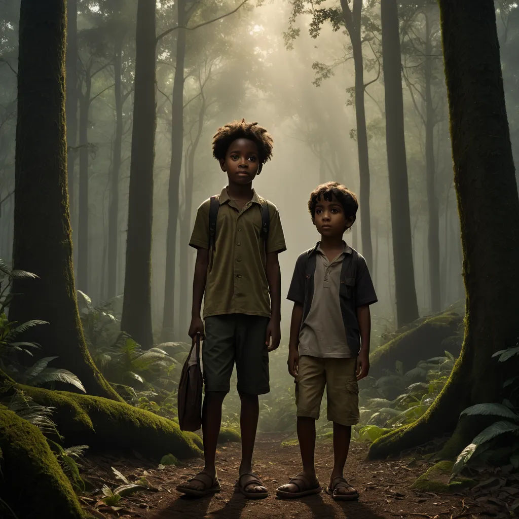 two children standing in a forest with a backpack on their shoulders and a backpack on their shoulder, with a light coming through the trees, magical realism, a detailed matte painting, Daniel Lieske, promotional image