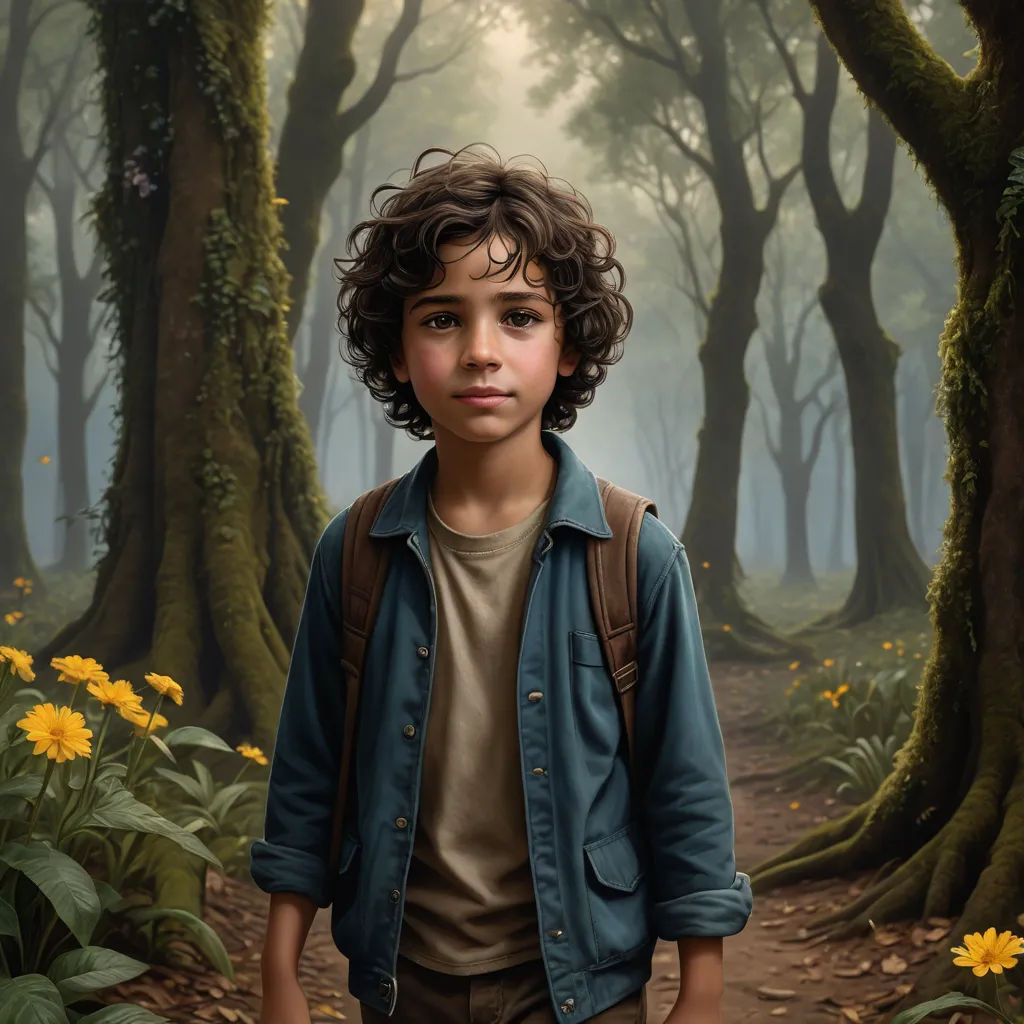 a painting of a boy in a forest with yellow flowers in the foreground and a path leading to the woods, photorealism, a hyperrealistic painting, Aaron Jasinski, highly detailed digital painting
