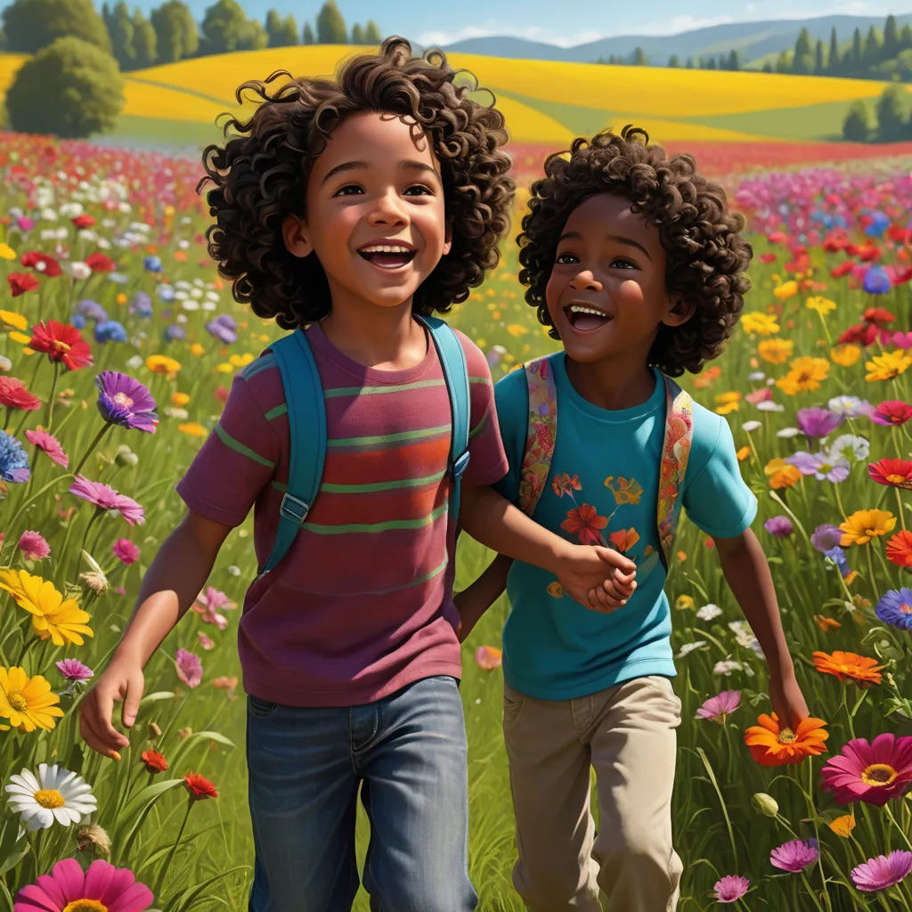 two children are walking through a field of flowers and grass with a hill in the background and a blue sky, american scene painting, concept art, Chris LaBrooy, official art
