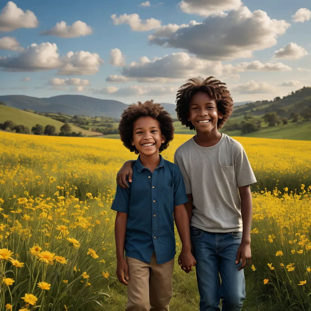 two children standing in a field of flowers smiling for the camera with a blue sky and clouds in the background, color field, a stock photo, Adam Dario Keel, cinematic photography