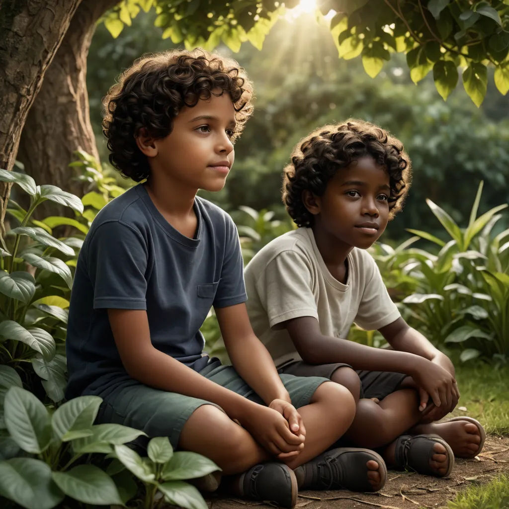two children sitting on the ground in front of a tree and bushes, one of them is looking off to the side, harlem renaissance, a poster, Felix-Kelly, promotional image