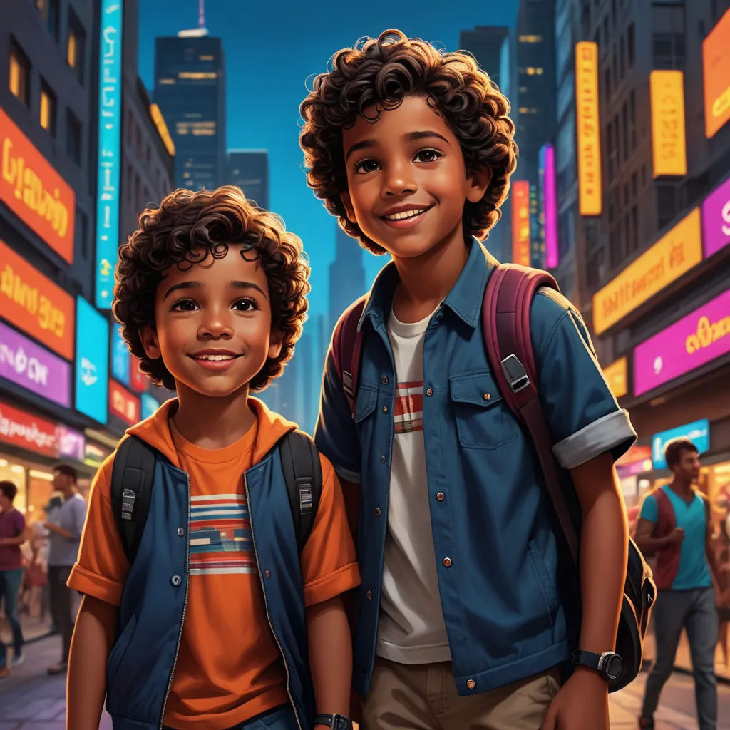 a couple of kids standing next to each other on a street at night time with neon signs in the background, american scene painting, a storybook illustration, Chris LaBrooy, dan mumford. octane render