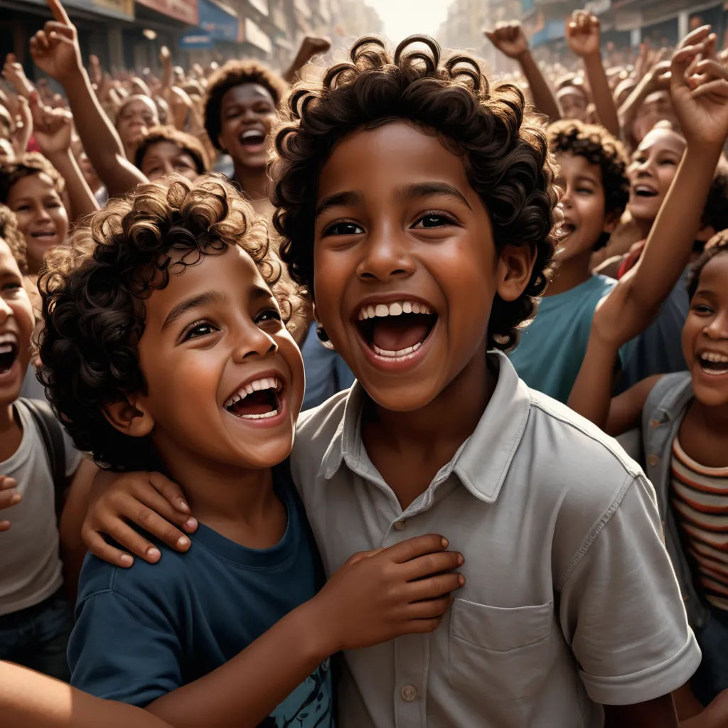 a group of children are smiling and hugging each other in a crowd of people in a city street with their arms up, photorealism, poster art, Ella Guru, cinematic photography