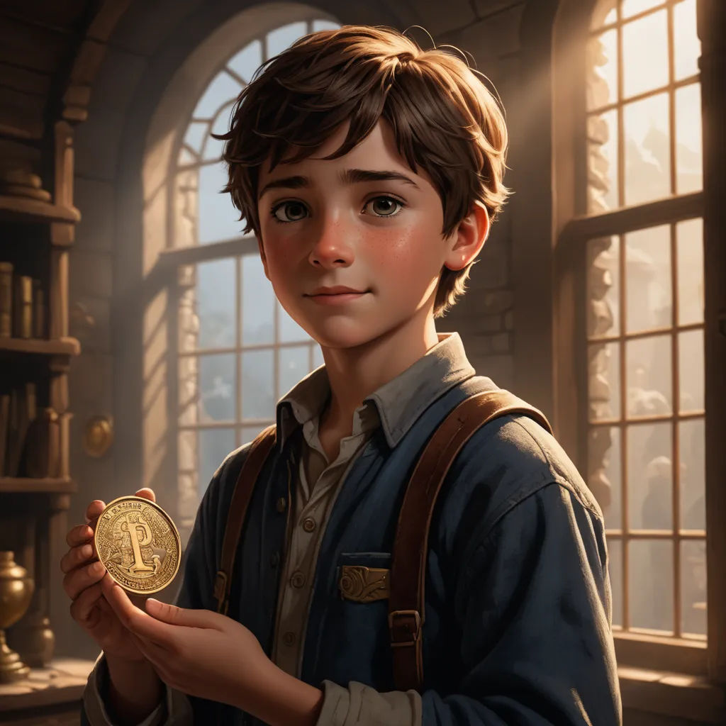 a boy holding a gold coin in front of a window with a bookcase in the background and a window with a bookcase in the background, fantasy art, a character portrait, Clint Cearley, stanley artgerm lau