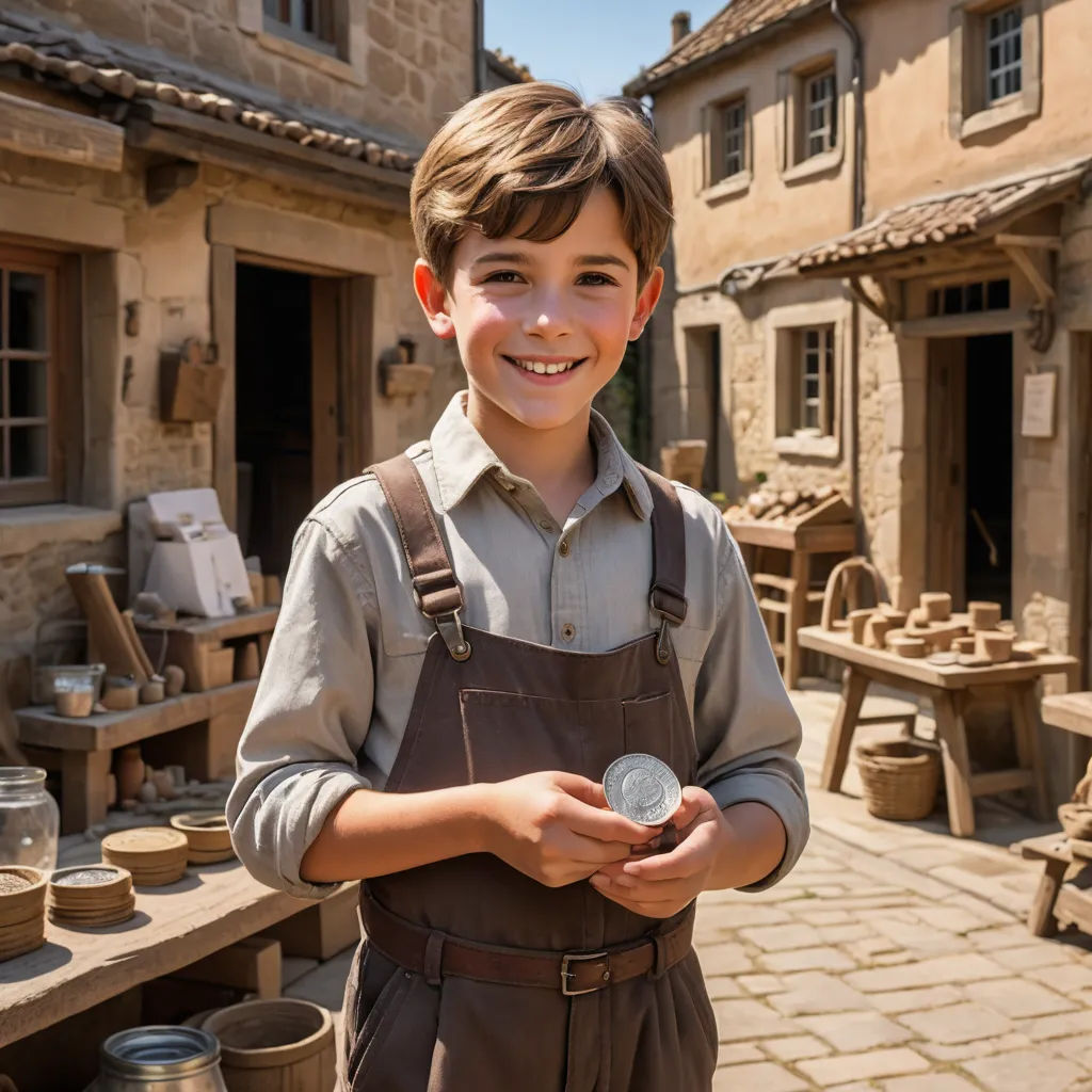 a boy holding a coin in front of a building with pottery on it's sides and a table with pots on it, arts and crafts movement, a bronze sculpture, Cedric Seaut (Keos Masons), promotional image