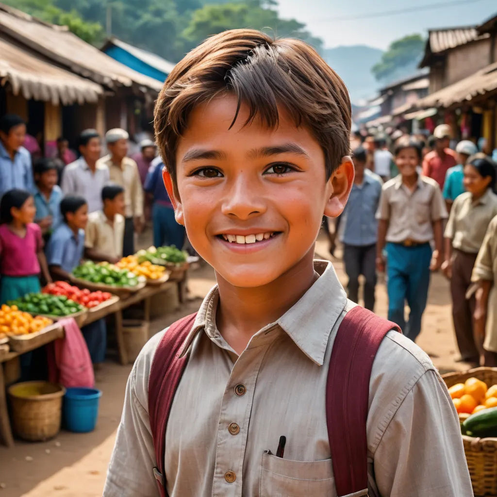 a young boy standing in front of a market with lots of fruit and vegetables on display in baskets and baskets, samikshavad, a stock photo, Bikash Bhattacharjee, promotional image