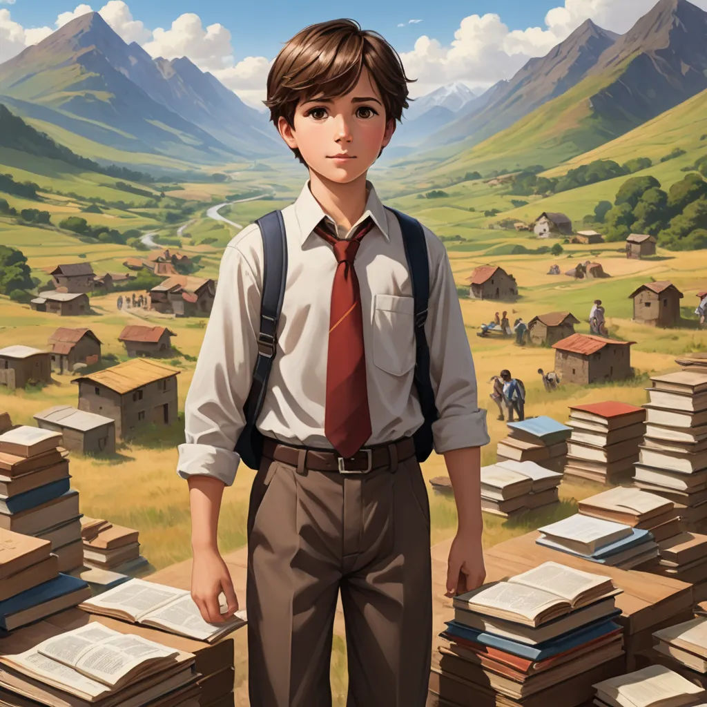 a boy in a tie and suspenders standing in front of a painting of a village with a mountain range, magical realism, a storybook illustration, Aaron Jasinski, official art