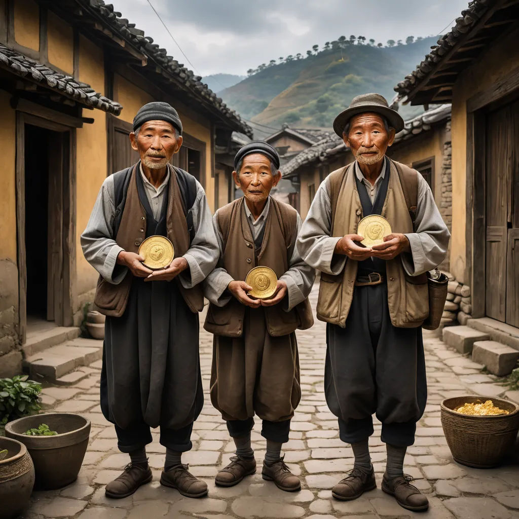 three men holding gold medals in their hands in a village setting with mountains in the background, china, asia, cloisonnism, a stock photo, Choi Buk, award - winning photography