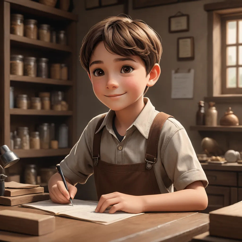 a boy in a brown shirt and apron writing on a piece of paper in a kitchen with shelves of jars, photorealism, a character portrait, Arthur Pan, cgstudio