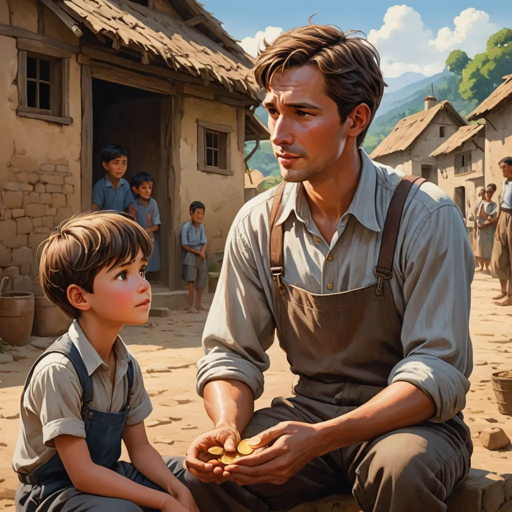 a man sitting on a rock next to a boy holding a piece of food in his hand and a boy standing next to him, socialist realism, a storybook illustration, Aaron Jasinski, official art