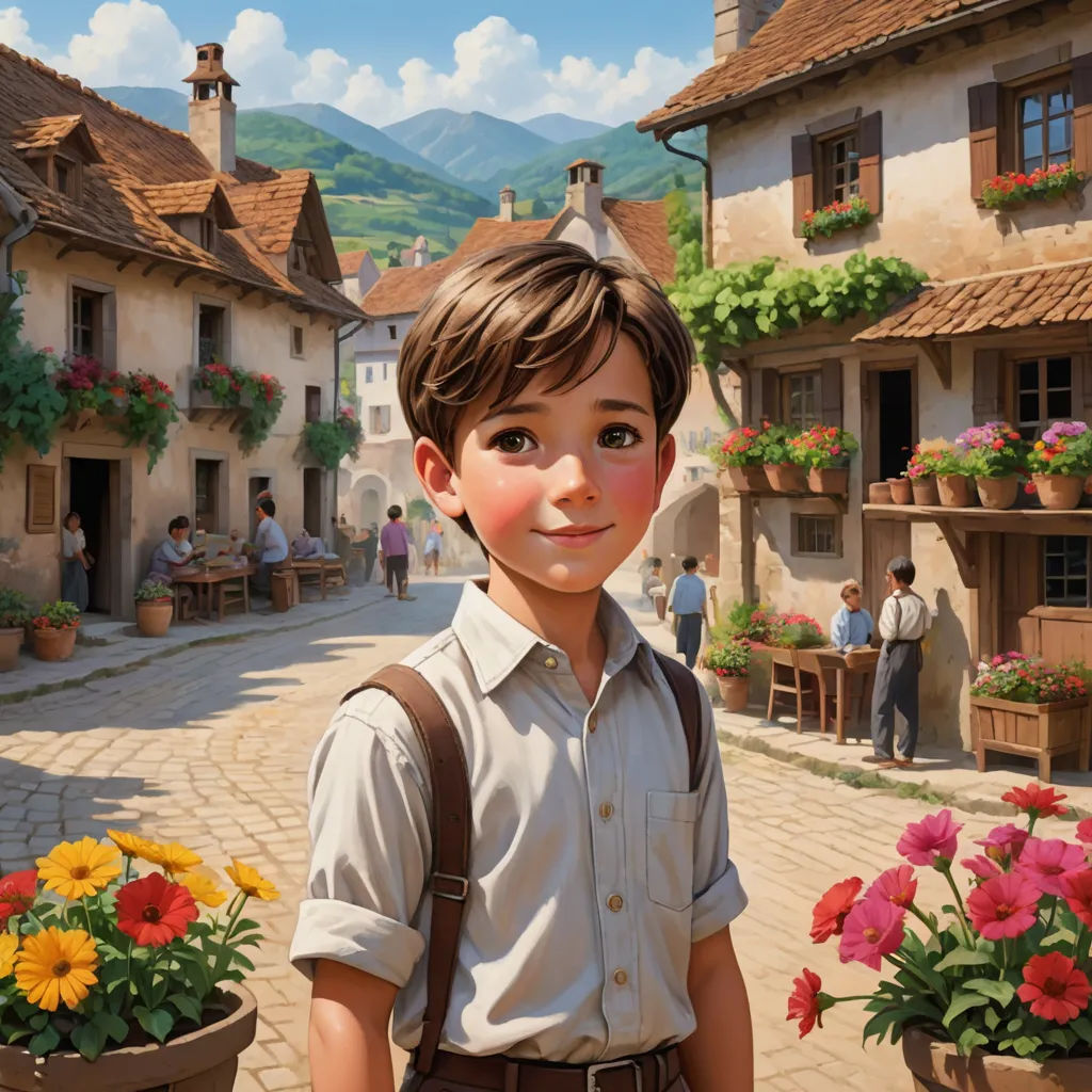a boy in a village with flowers in the foreground and a building with a clock tower in the background, fantastic realism, a detailed matte painting, Evgeny Lushpin, official art