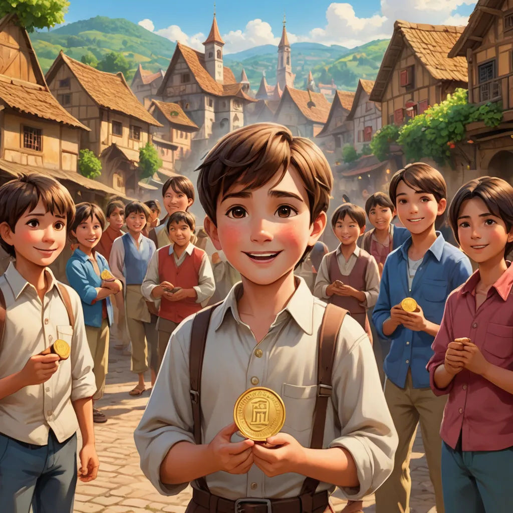 a boy holding a gold medal in front of a group of children in a village with a mountain in the background, sots art, a storybook illustration, disney, official art