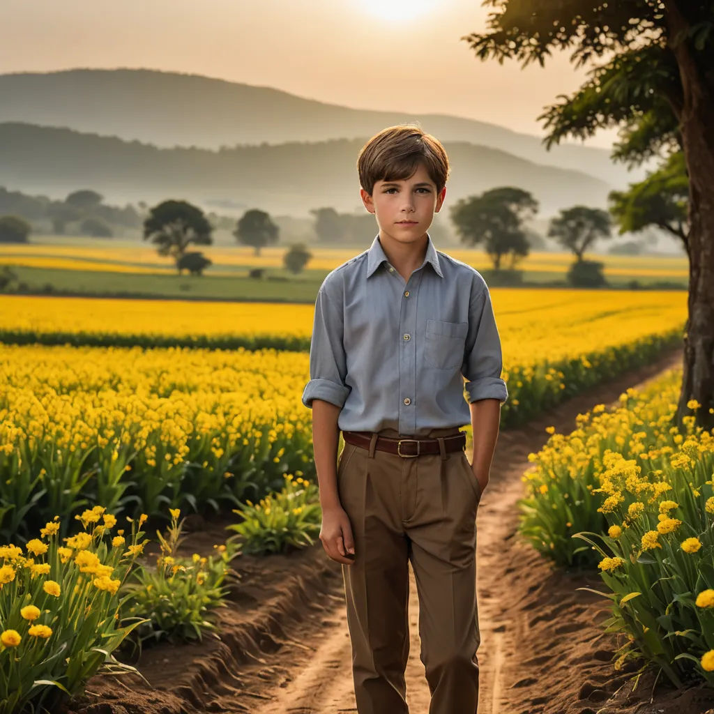 a boy standing in a field of yellow flowers with a mountain in the background in the distance, with a sun setting, color field, a character portrait, Diego Gisbert Llorens, cinematic photography