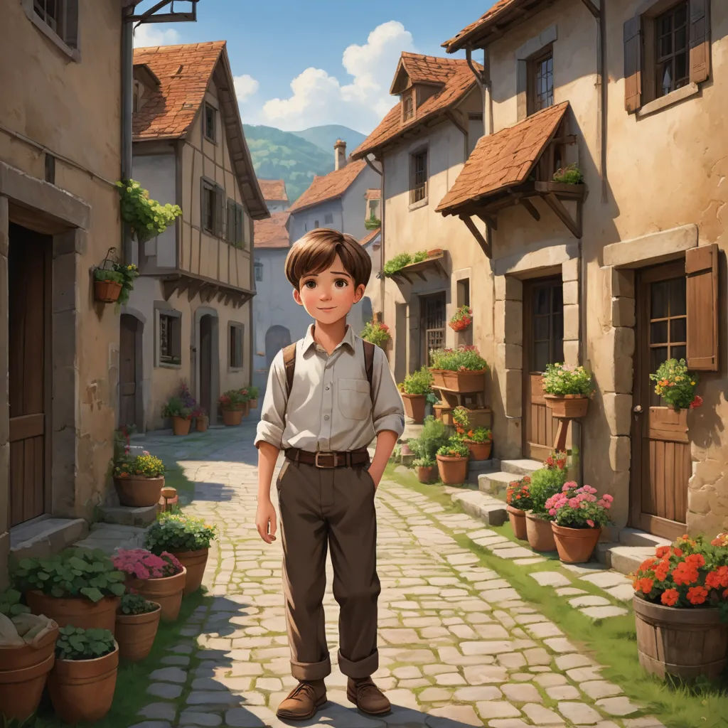 a boy standing in a village with a backpack on his shoulder and a backpack on his shoulder, in front of a cobblestone street with potted houses and potted with flowers, american scene painting, a storybook illustration, Alejandro Burdisio, storybook illustration
