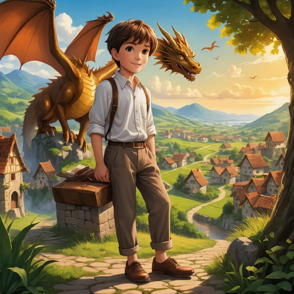 a boy standing on a stone wall next to a dragon statue in a village with a green field and mountains, fantasy art, a storybook illustration, Aaron Jasinski, official art