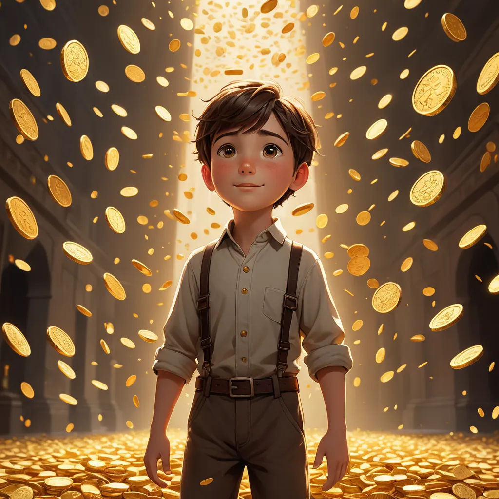 a boy standing in front of a bunch of gold coins in a tunnel of gold coins, with a light shining down on him, fantasy art, a storybook illustration, Aaron Jasinski, rossdraws global illumination