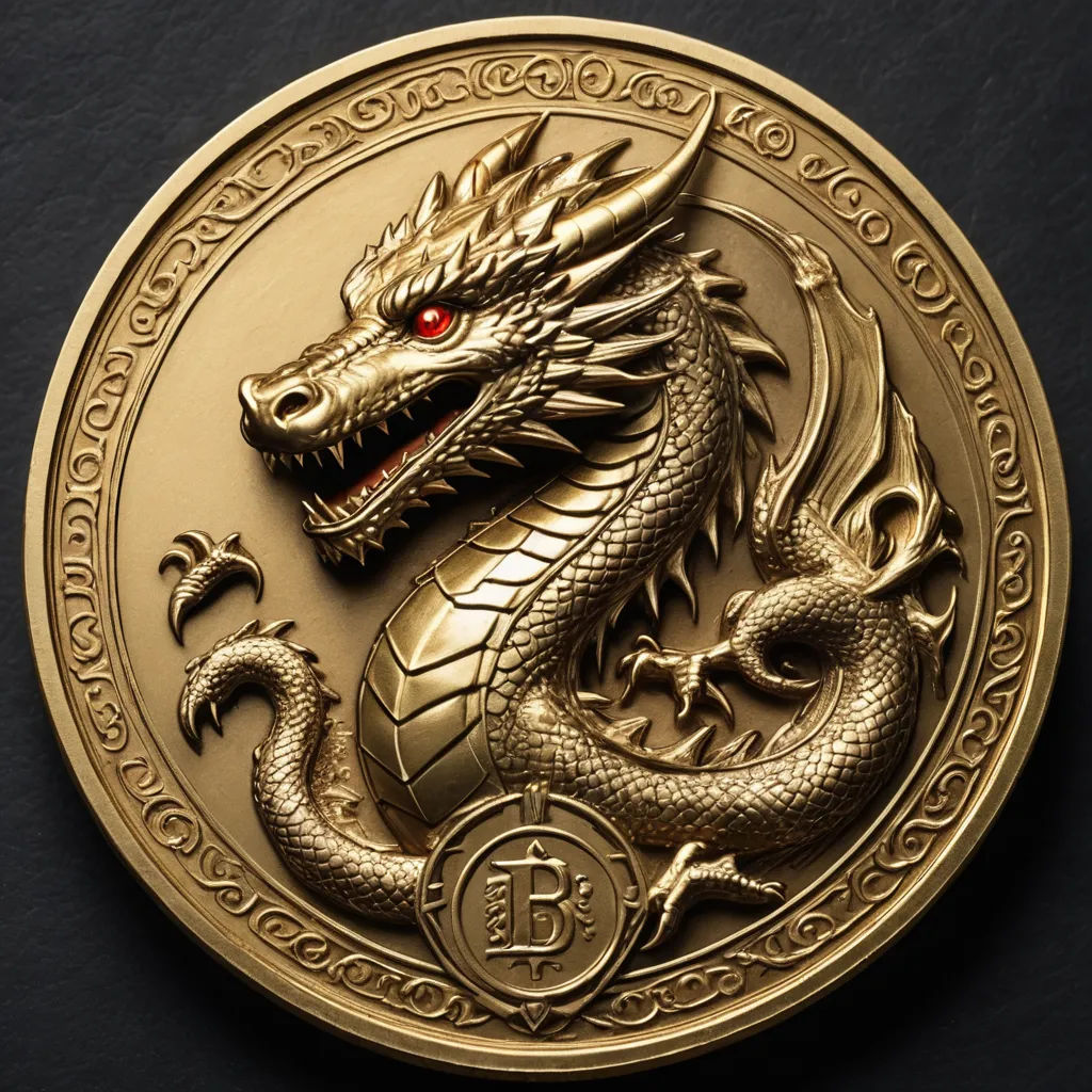 a gold coin with a dragon on it's side and a red eye on the front of it, fantasy art, a 3D render, Du Jin, dragon art