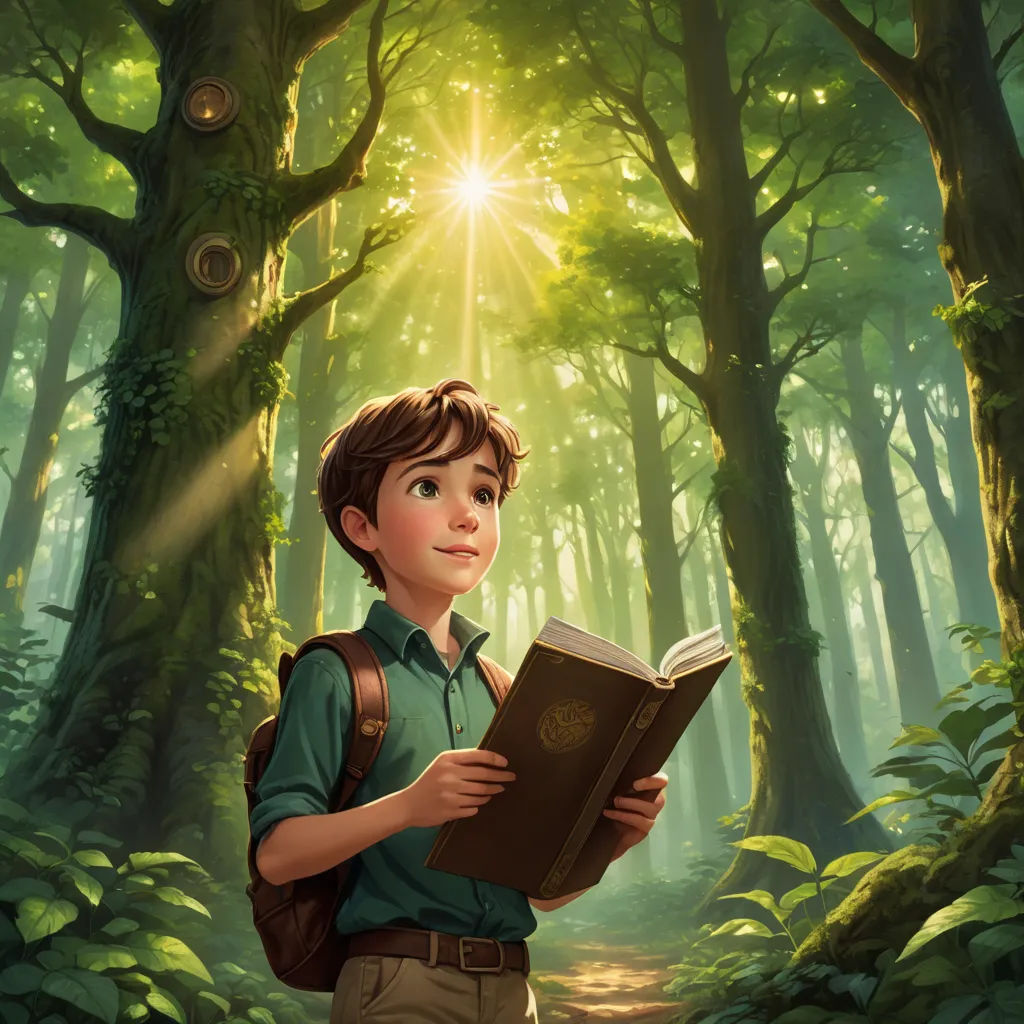 a boy is reading a book in the woods with a light shining through the trees behind him and a path leading to the forest, fantasy art, a storybook illustration, Aaron Jasinski, rossdraws global illumination