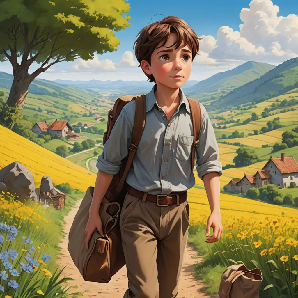 a painting of a boy walking down a dirt road with a bag on his back and a dog in the other hand, american scene painting, a storybook illustration, Aaron Jasinski, official art