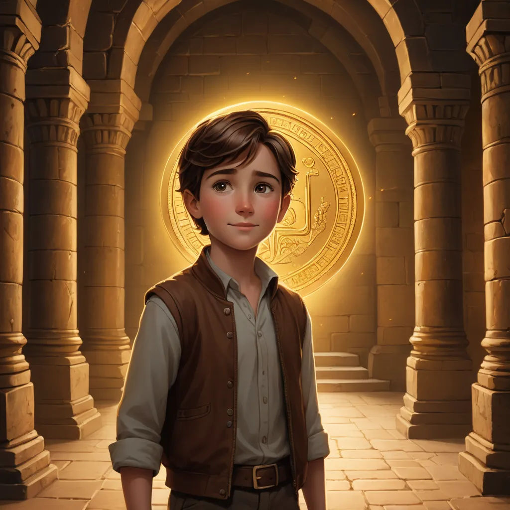 a boy standing in a tunnel with a bitcoin in the background and a glowing coin in the middle, fantasy art, a character portrait, Cliff Childs, rossdraws global illumination