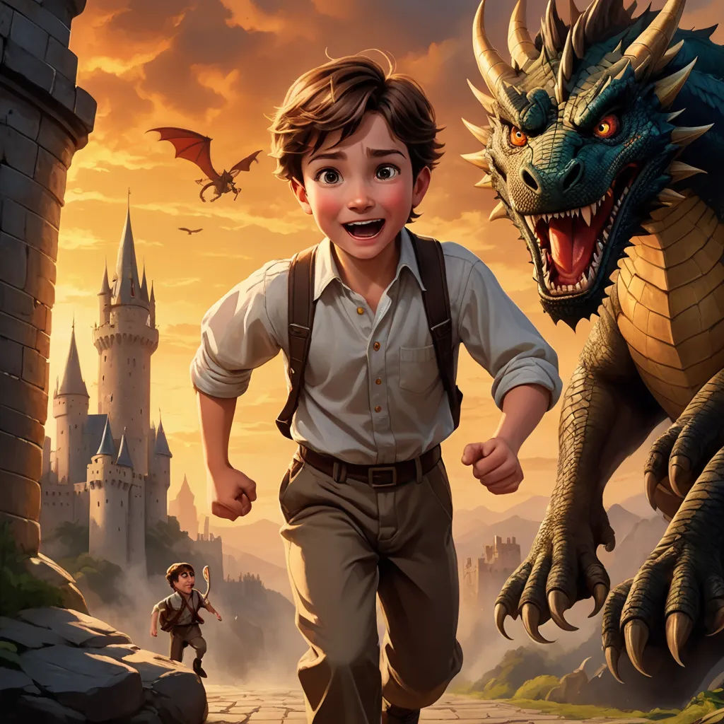 a boy is running towards a dragon in a cartoon scene with a boy and a dragon in the background, fantasy art, a storybook illustration, Clint Cearley, key art