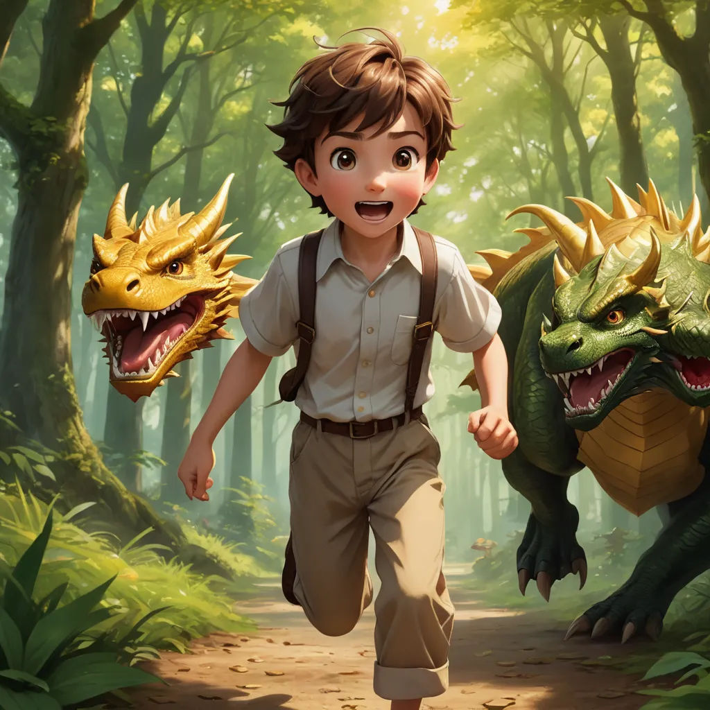 a boy running with two dinosaurs in the woods behind him, both of them are wearing suspenders and suspenders, fantasy art, a storybook illustration, Clint Cearley, cushart krenz