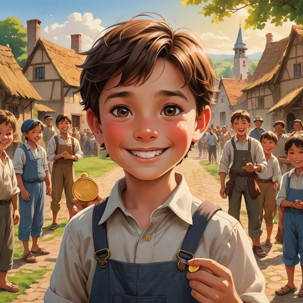 a boy with a medal in his hand and a group of children in the background standing in front of him, american scene painting, a storybook illustration, Aaron Jasinski, official art