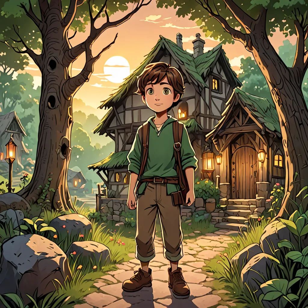 a boy standing in front of a house in the woods with a backpack on his shoulder and a backpack on his shoulder, Cliff Childs, fantasy art, a storybook illustration, rossdraws global illumination