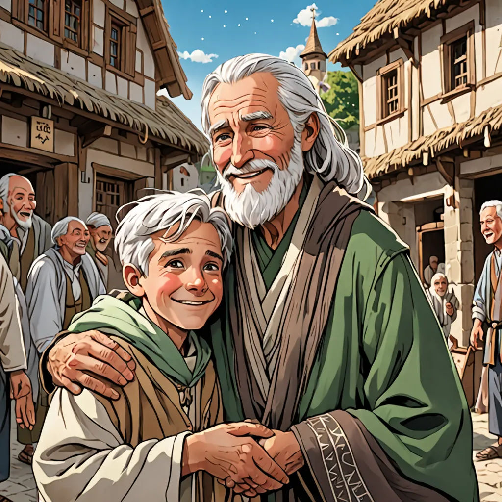 a man hugging a woman in front of a crowd of people in a village with a sky background and a painting of a man with a beard, Brothers Hildebrandt, fantasy art, a storybook illustration, official art