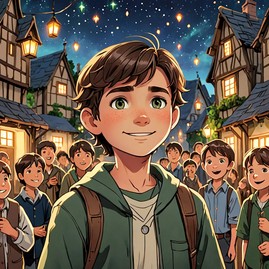 a boy in a green jacket standing in front of a crowd of people in a village at night with a sky full of stars, Cliff Childs, magical realism, a storybook illustration, official art