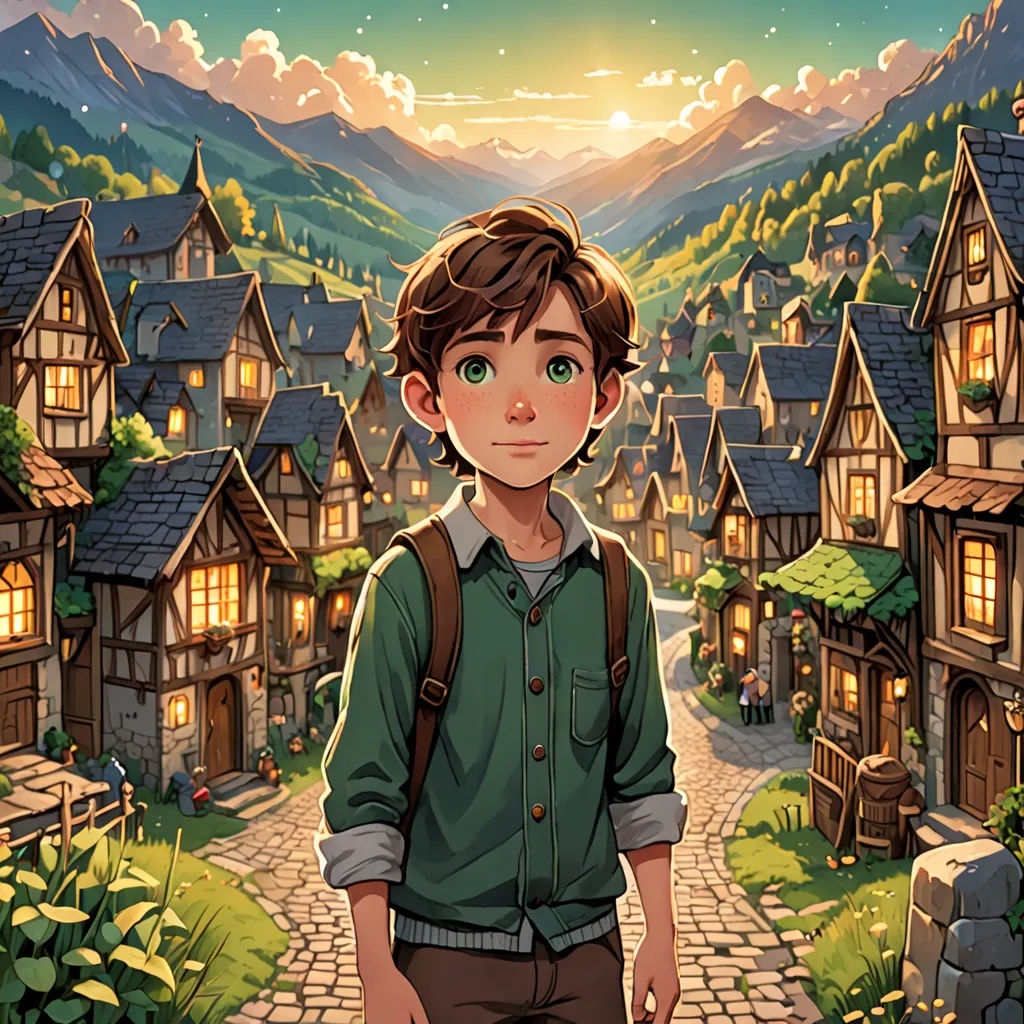 a boy standing in front of a village with a mountain in the background and a sky with clouds and stars, Cedric Seaut (Keos Masons), fantasy art, a storybook illustration, rossdraws global illumination