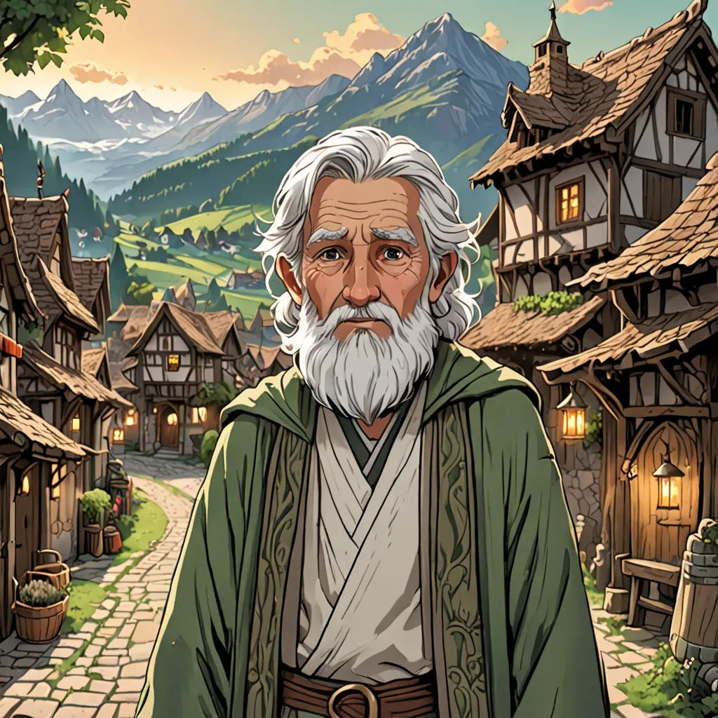 a cartoon of a man with a beard and a beard in a village with mountains in the background and a path leading to a village, ESAO, fantasy art, a character portrait, kinkade
