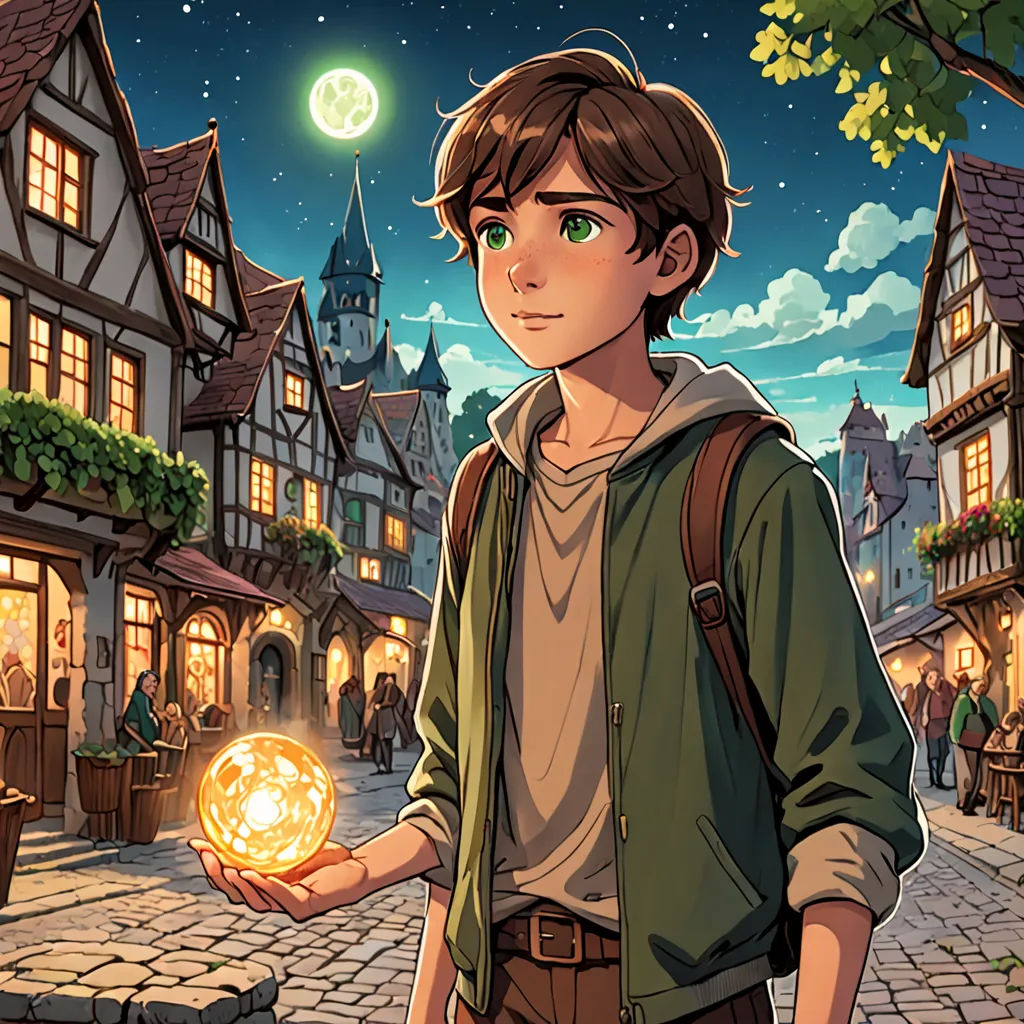 a boy holding a glowing ball in a street at night with a full moon in the sky above him, Cedric Seaut (Keos Masons), fantasy art, a storybook illustration, rossdraws global illumination