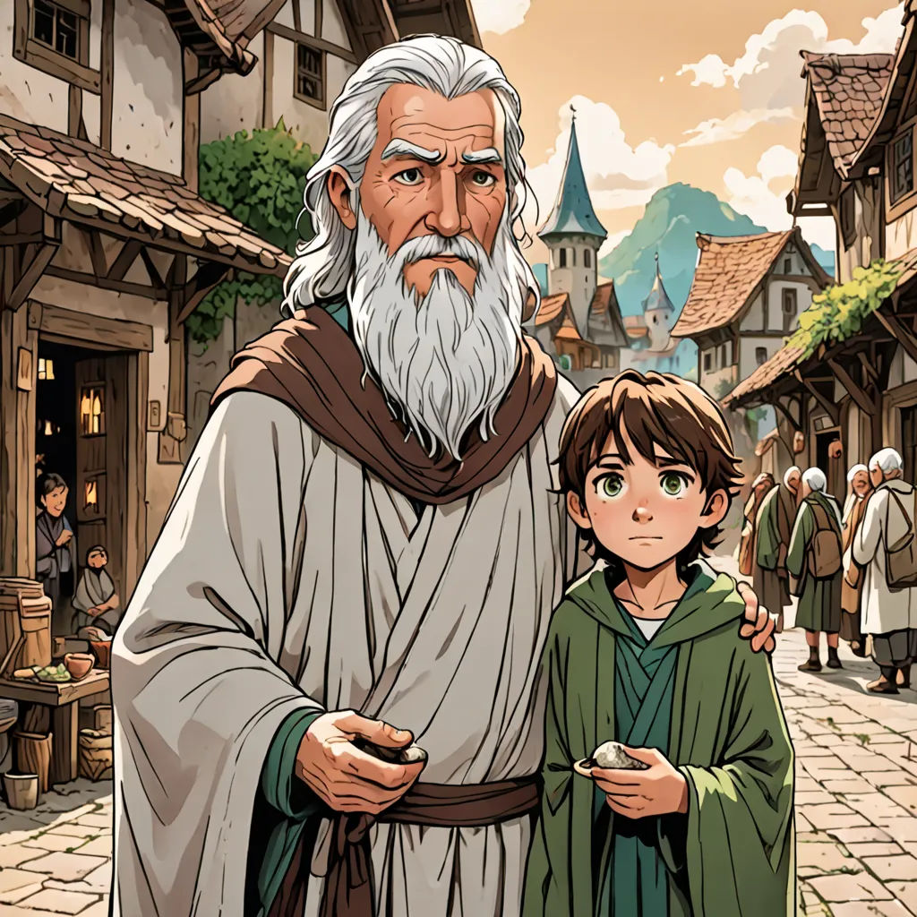 a man and a boy standing in front of a village with a building and a clock tower in the background, Brothers Hildebrandt, fantasy art, a storybook illustration, official art