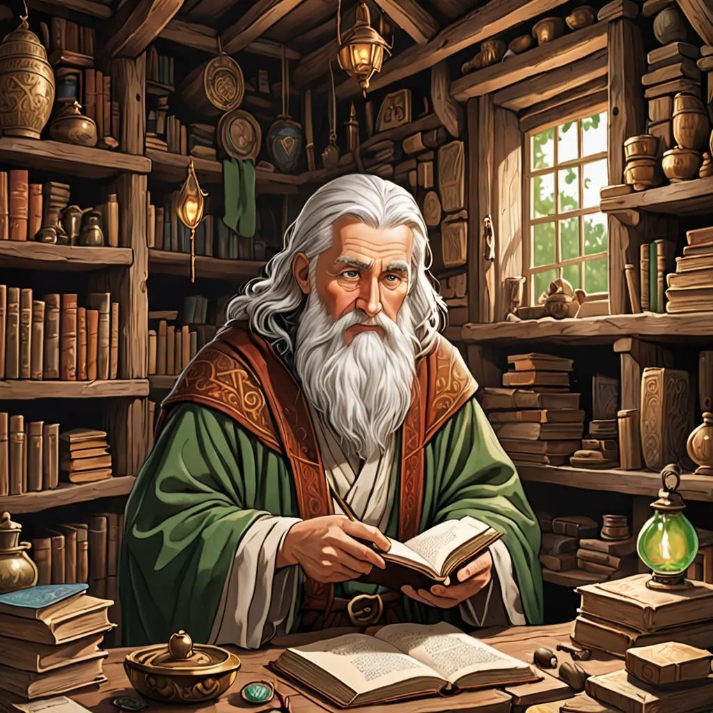 a man with a long white beard sitting at a table in a library with books and a book in his hand, Christophe Vacher, fantasy art, a storybook illustration, epic fantasy character art