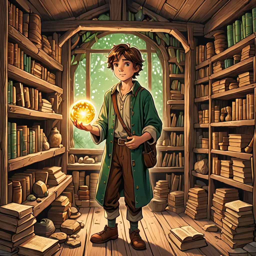a boy holding a ball in a library with books on the shelves and a window in the background with a green light, Diego Gisbert Llorens, fantasy art, a storybook illustration, official art