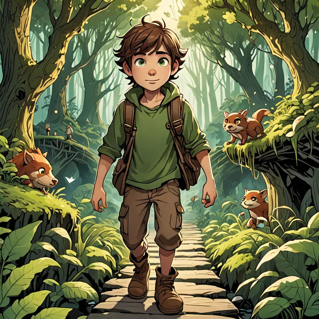 a boy walking through a forest with a backpack on his back and a squirrel on his shoulder, and a squirrel on his shoulder, Diego Gisbert Llorens, fantasy art, a storybook illustration, comic cover art