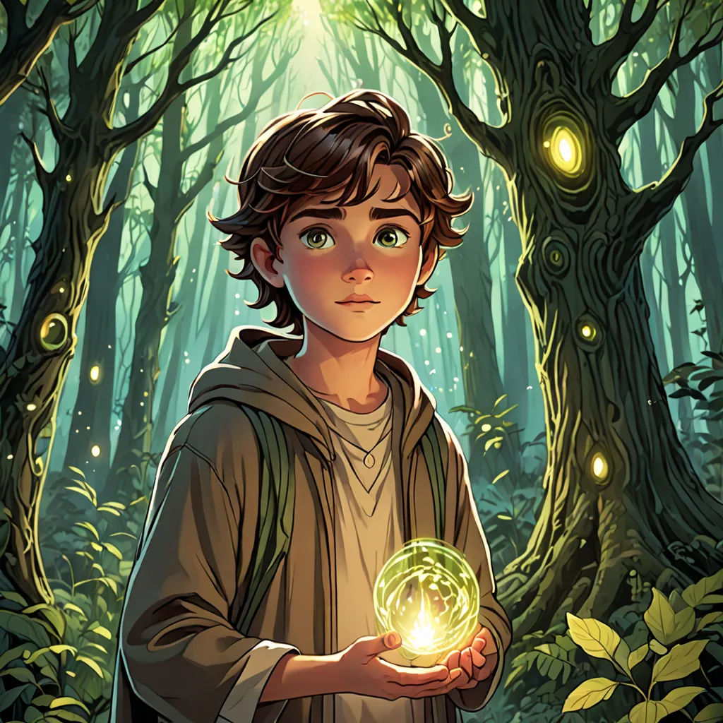 a boy holding a glowing orb in a forest with trees and leaves around him, with a glowing orb in his hand, Aaron Jasinski, fantasy art, a storybook illustration, rossdraws global illumination
