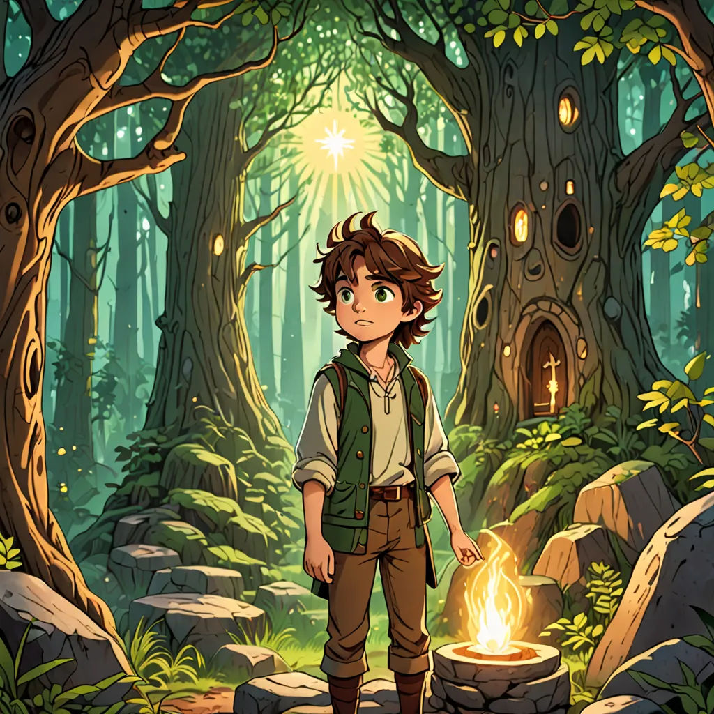 a boy standing in a forest with a fire in his hand and a glowing light coming from the hole, Cliff Childs, fantasy art, a storybook illustration, official art
