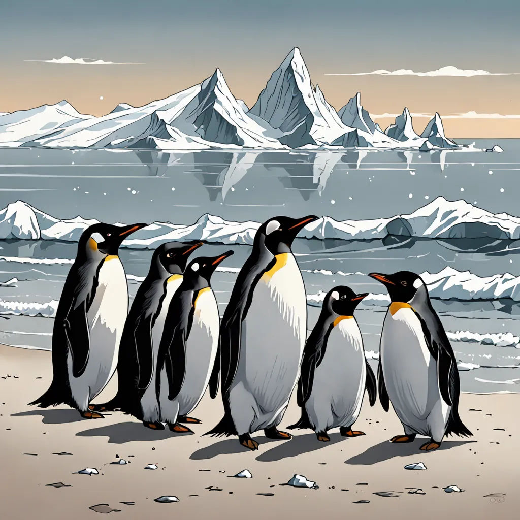 a group of penguins standing on a beach next to the ocean and mountains in the background with a sky background, environmental art, a storybook illustration, Cliff Childs, detailed illustration