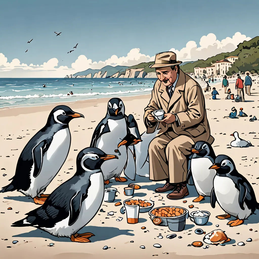 a man sitting on a beach surrounded by penguins and other birds eating food from a bowl of food on the beach, les automatistes, a storybook illustration, Colin Middleton, walton ford