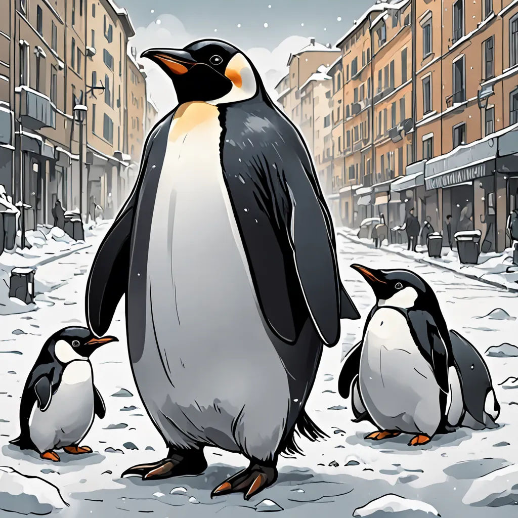 a group of penguins walking down a snowy street in a city with buildings and a street light in the background, serial art, a comic book panel, Diego Gisbert Llorens, comic cover art